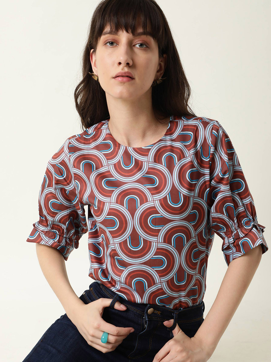 RAREISM Brown Geometric Printed Bell Sleeve Regular Top