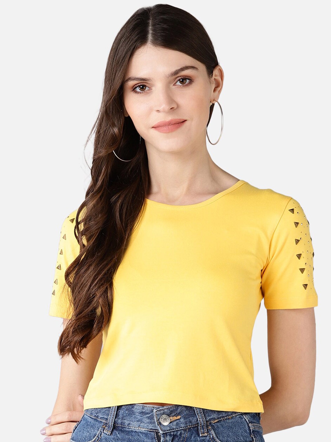 FIVE STONES Women Yellow Studded Regular Crop Top