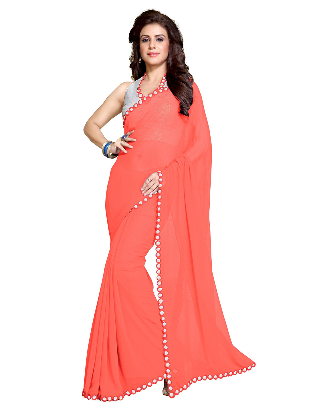 KALINI Peach-Coloured & Silver-Toned Mirror Work Designer Saree