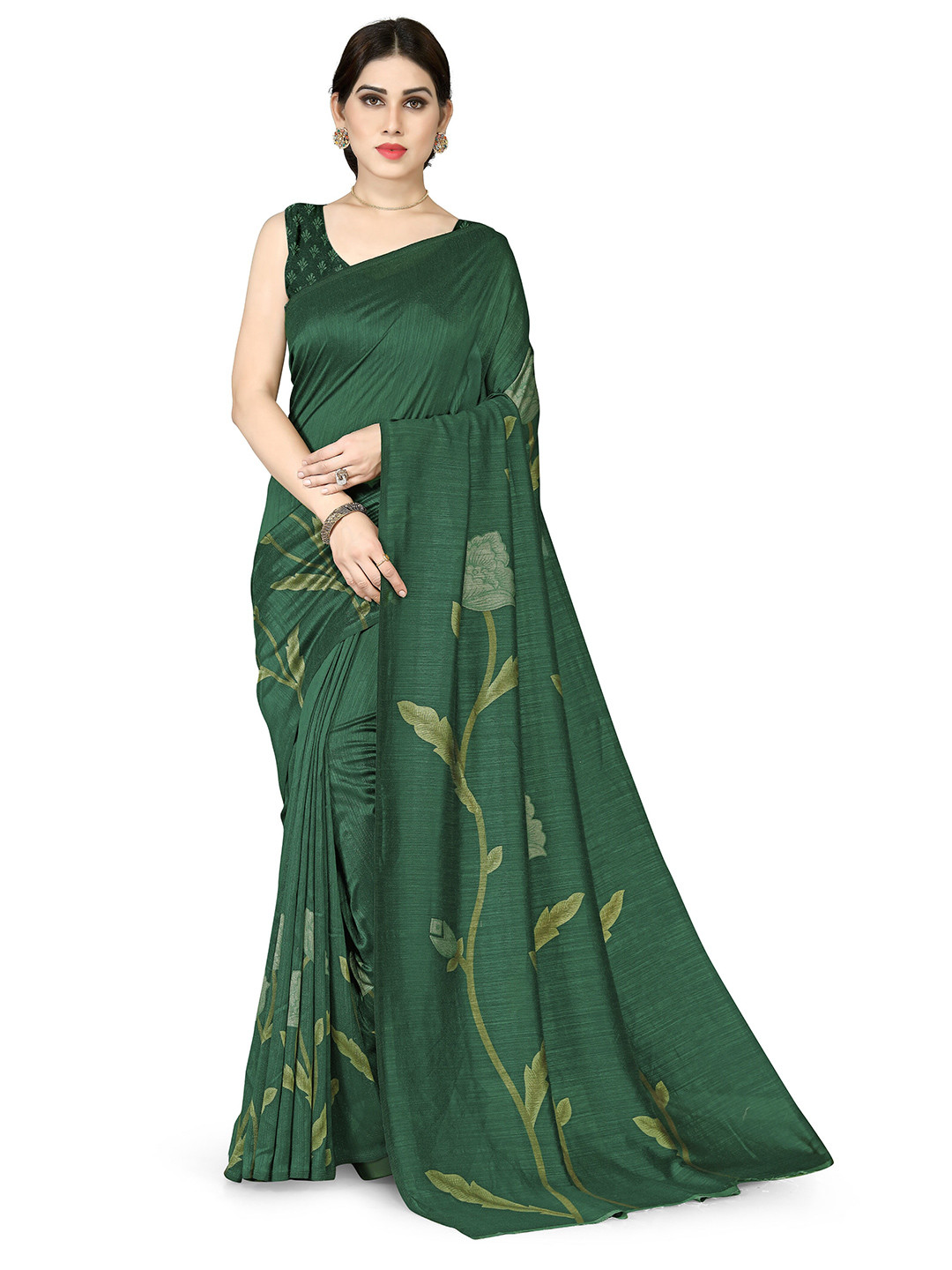KALINI Green & Lime Green Floral Vichitra Silk Saree
