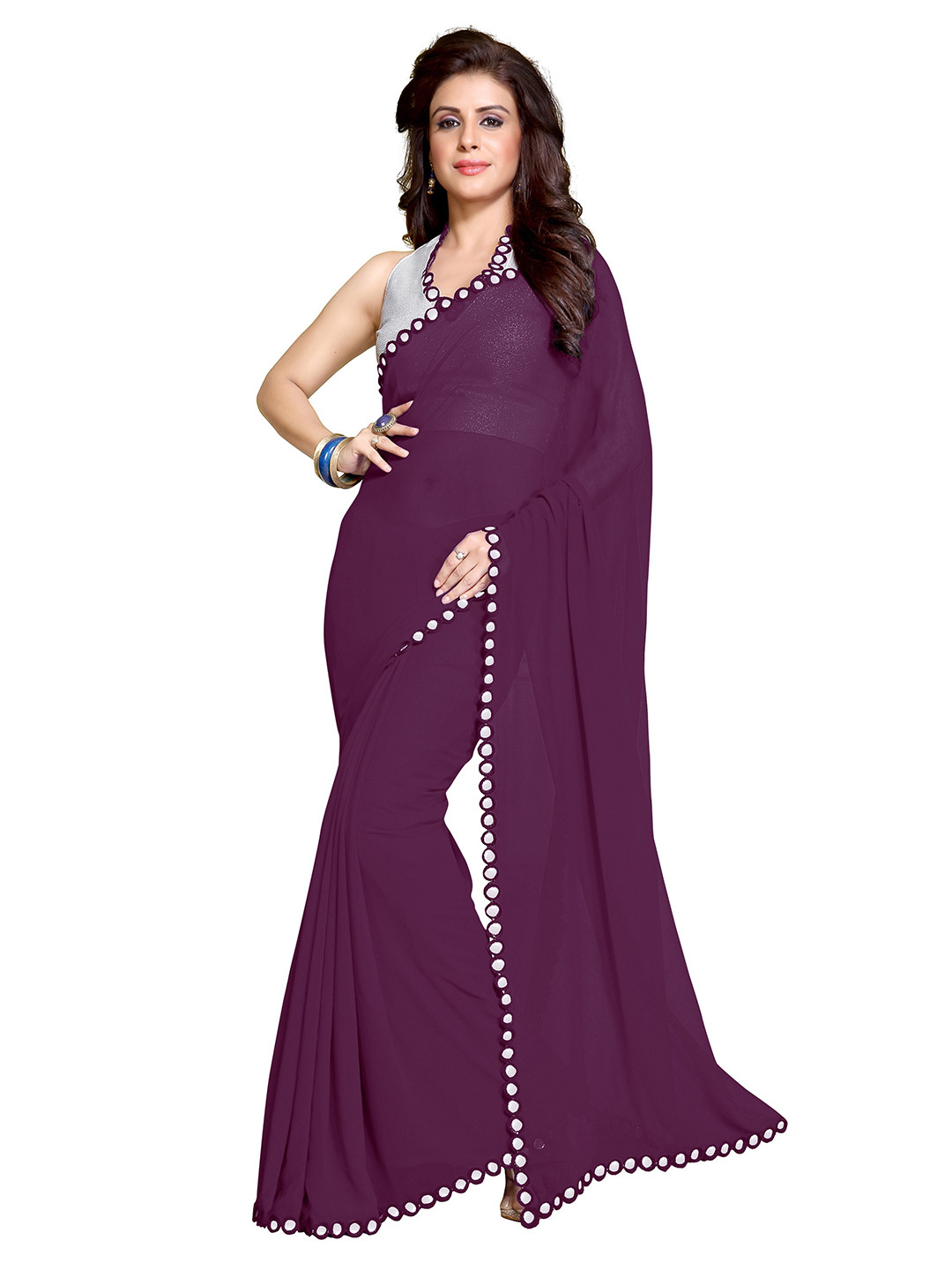 KALINI Purple & Silver-Toned Mirror Work Saree