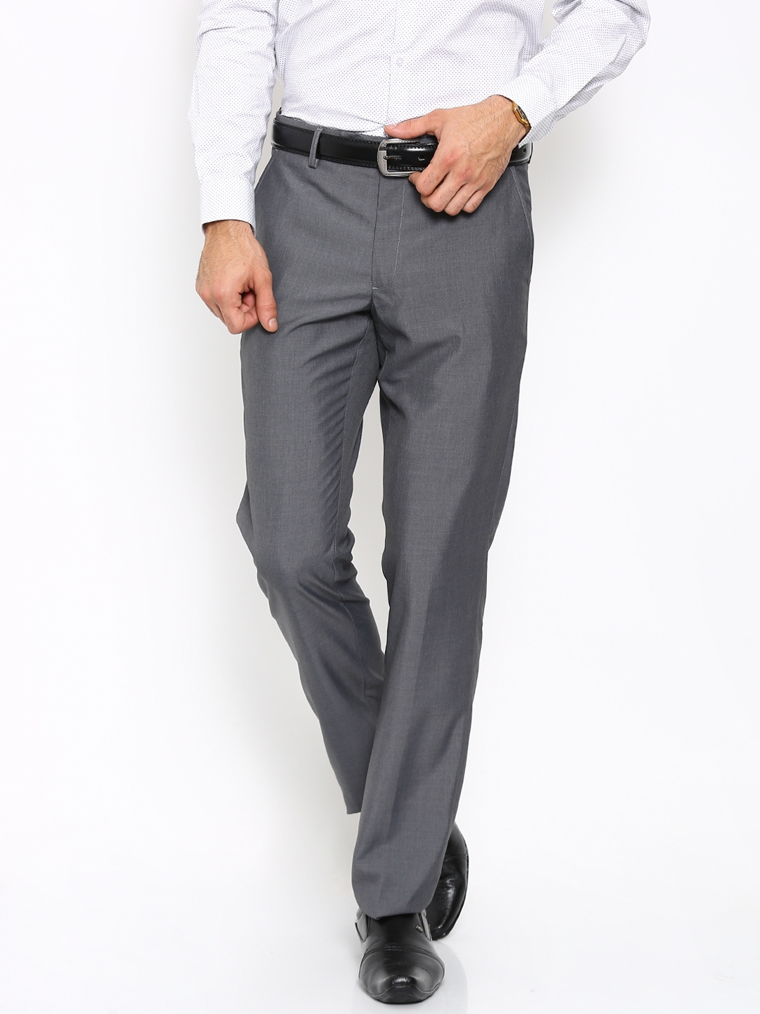 Buy Black Coffee Men Grey Solid Slim Fit Flat Front Trousers - Trousers ...