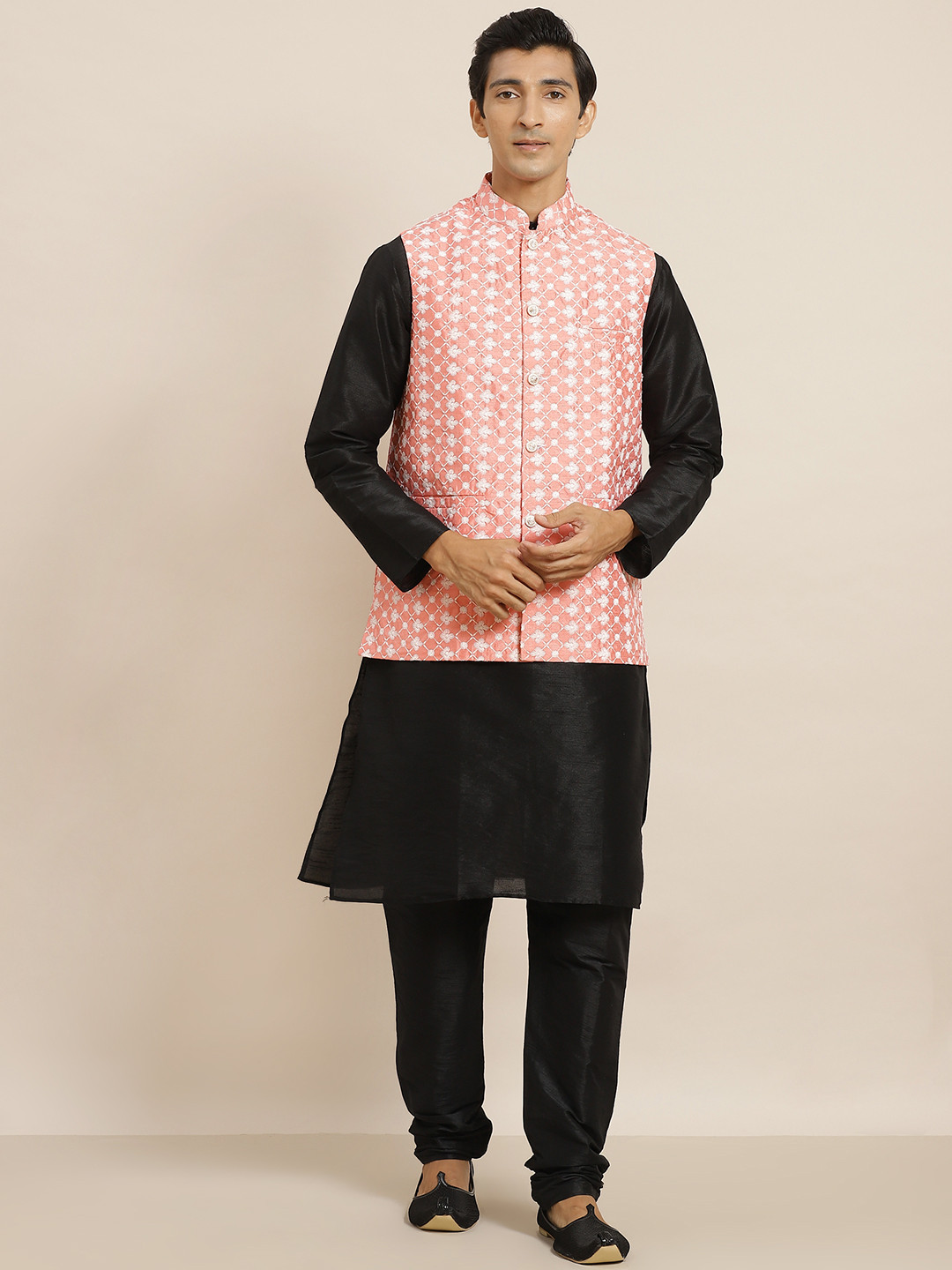 SOJANYA Men Black Thread Work Kurta Set With Jacket