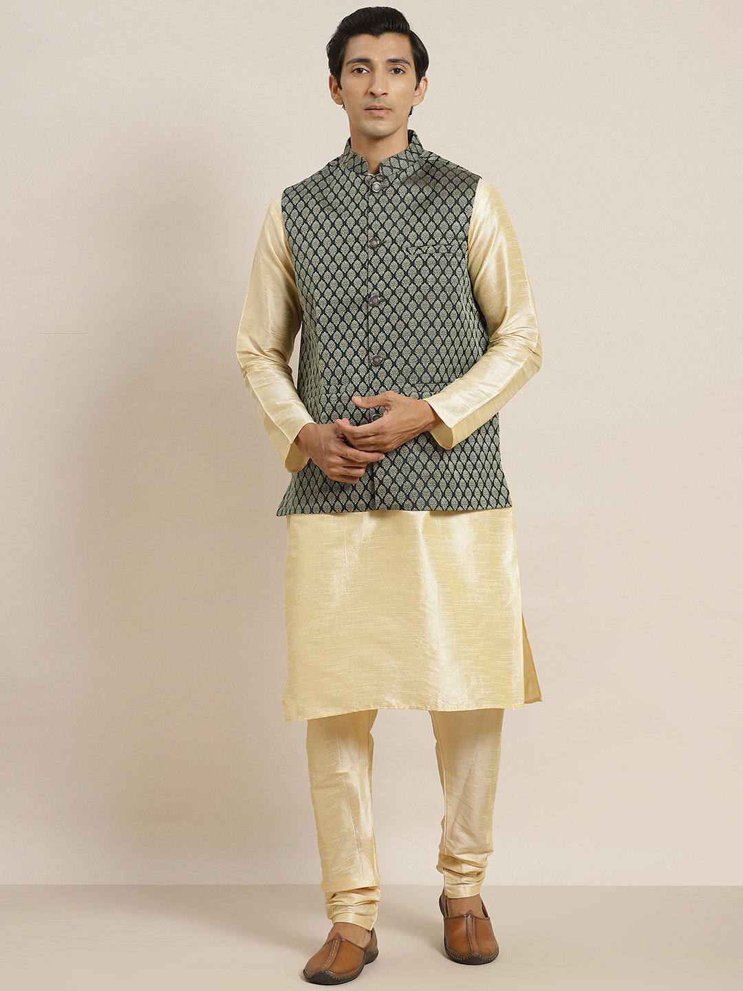 SOJANYA Men Golden Kurta with Churidar & Nehru Jacket