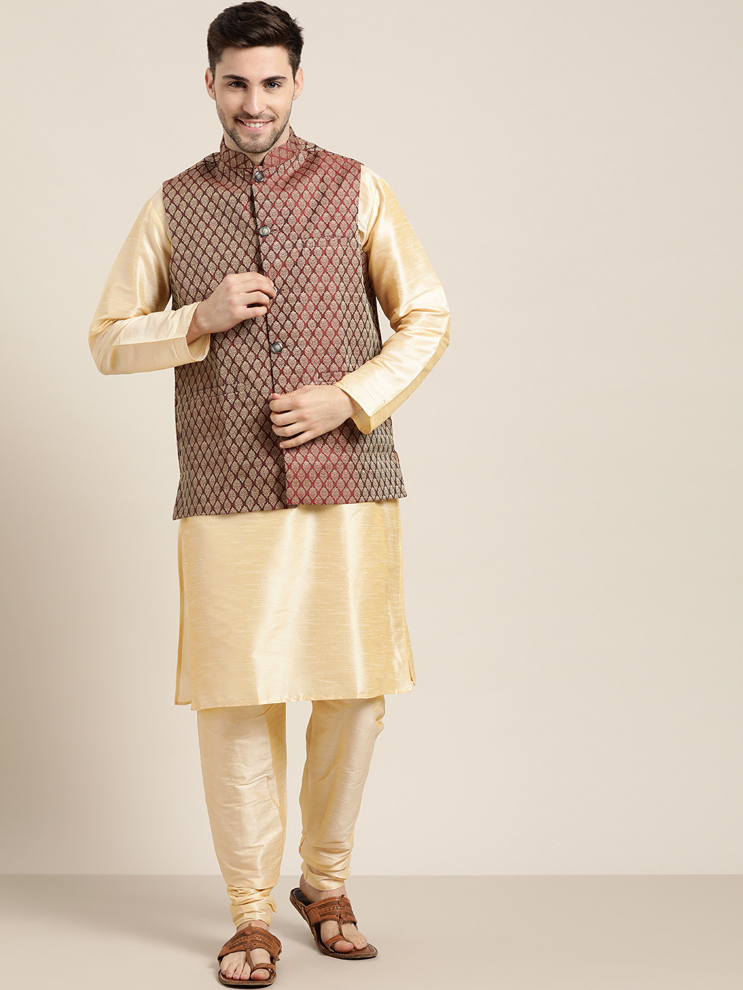 SOJANYA Men Beige & Maroon Solid Jacquard Kurta with Churidar & Woven Design Nehru Jacket