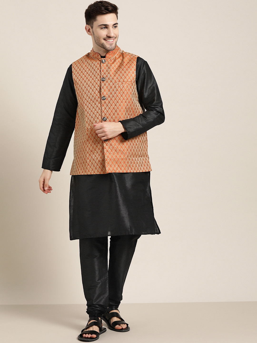 SOJANYA Men Black & Orange Solid Jacquard Kurta with Churidar & Woven Design Nehru Jacket