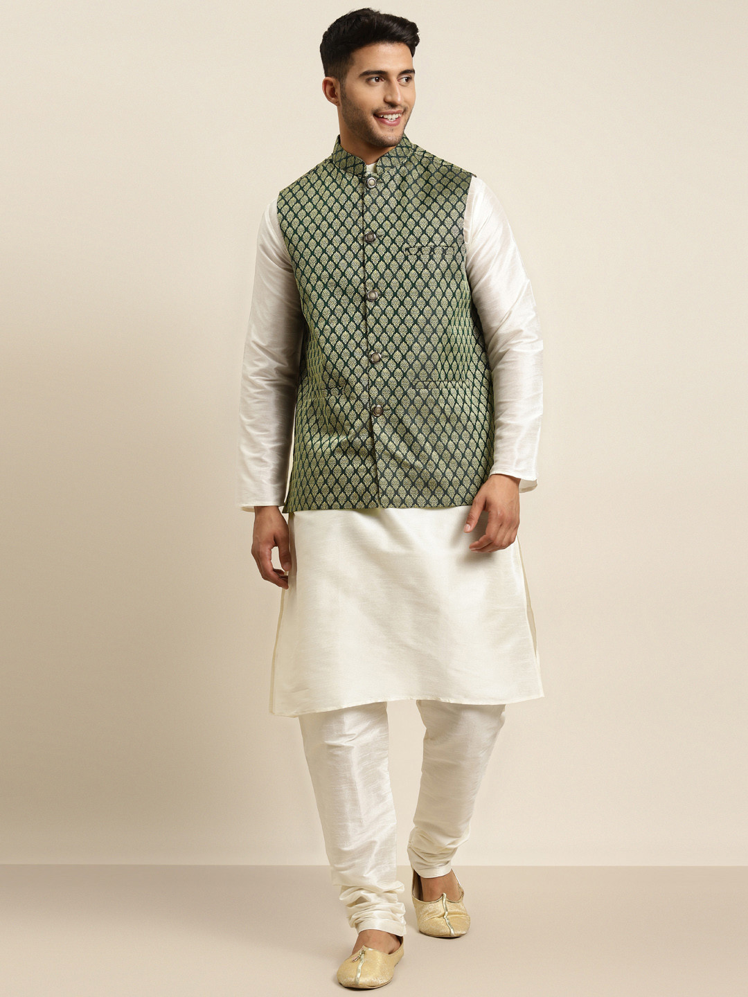 SOJANYA Men Off White & Green Ethnic Motifs Kurta Set With Nehru Jacket