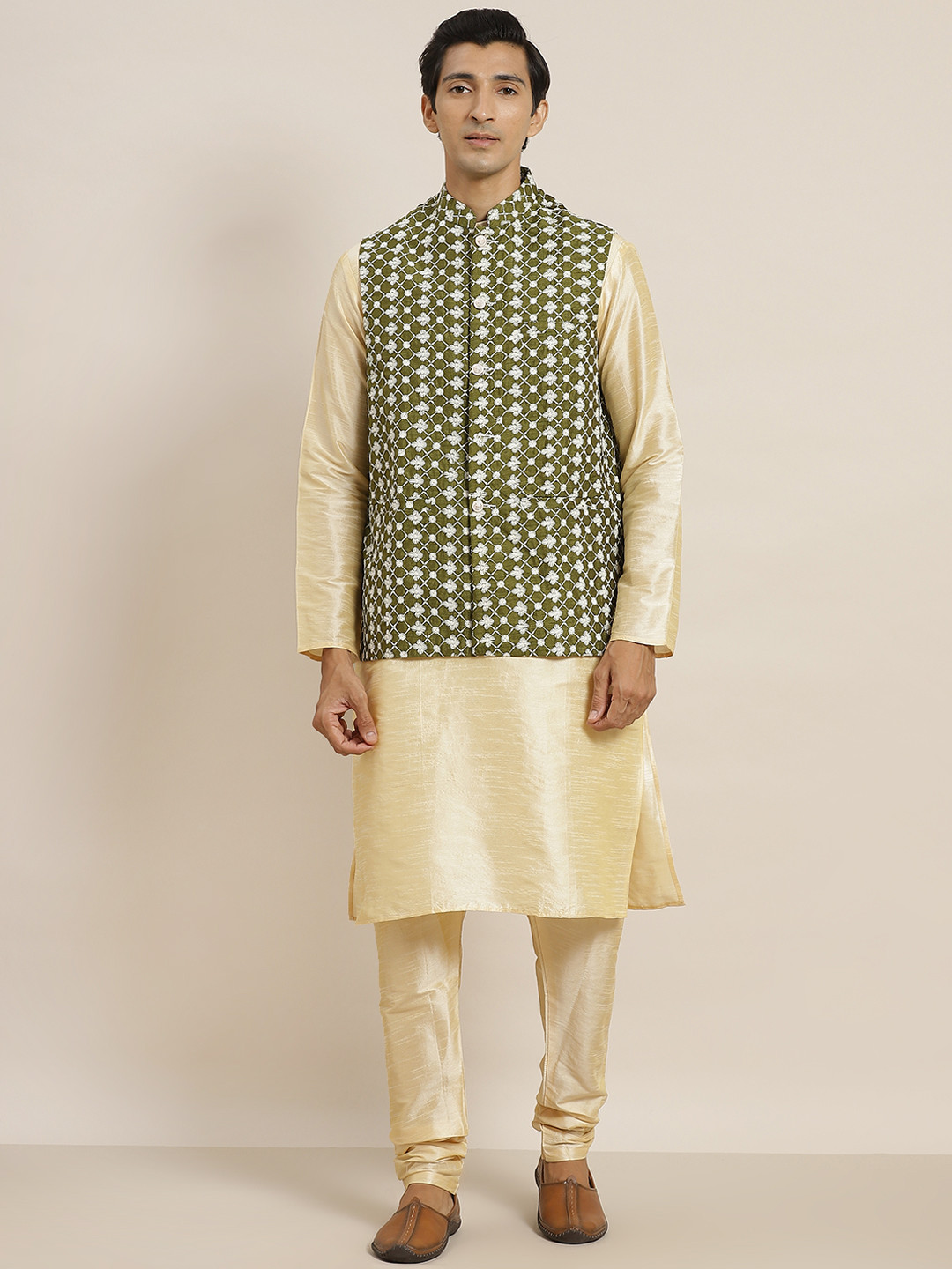SOJANYA Men Beige Thread Work Kurta Set With Jacket