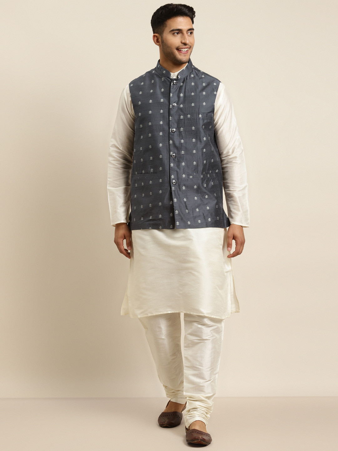 SOJANYA Men Off White & Grey Kurta with Churidar & Woven Design Jacket