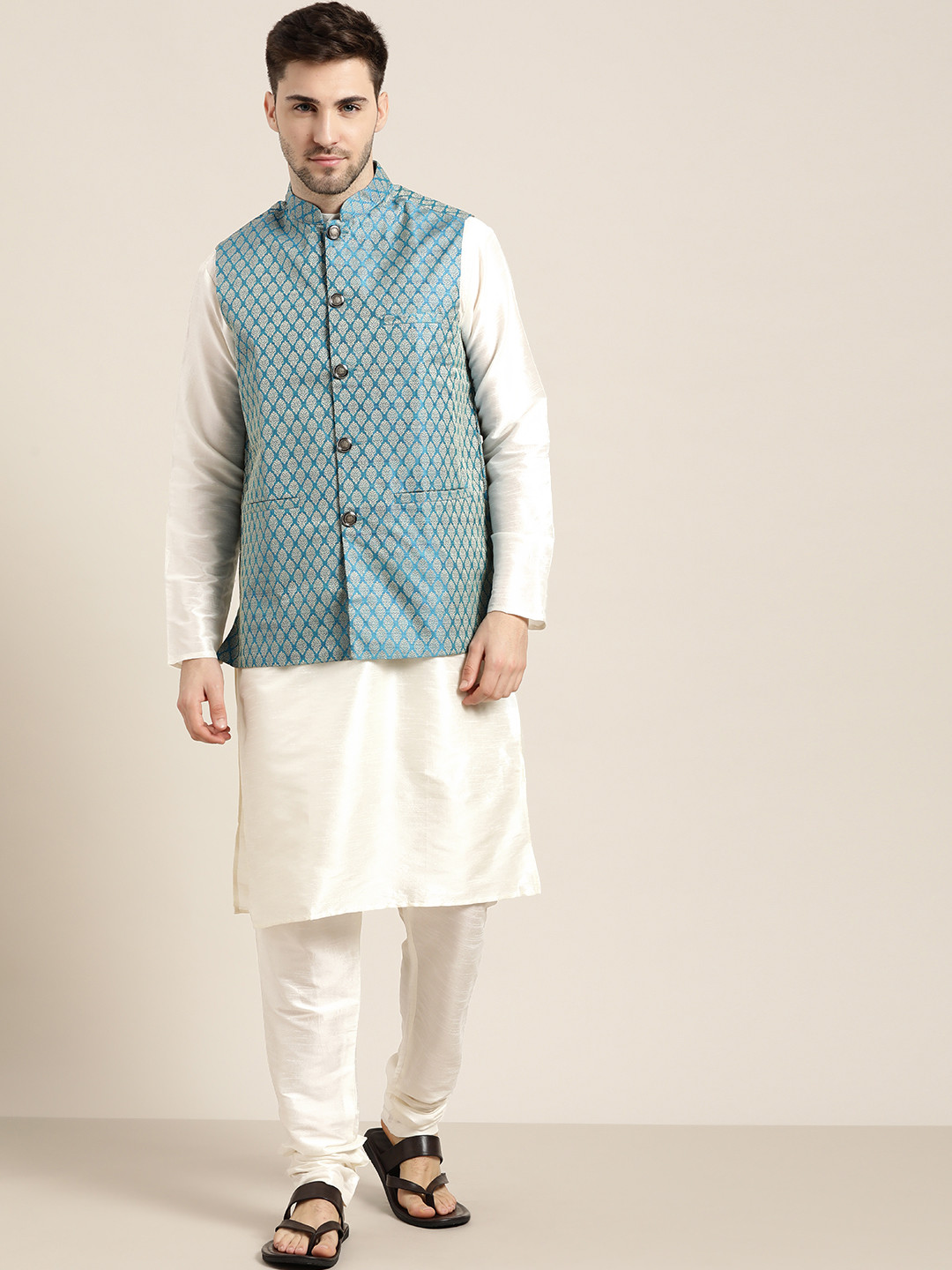SOJANYA Men Off White Solid Kurta with Churidar & Nehru Jacket