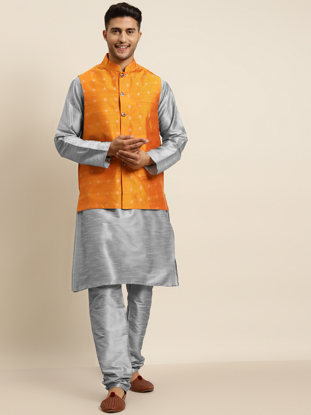 SOJANYA Men Grey & Mustard Yellow Kurta with Churidar & Woven Design Jacket