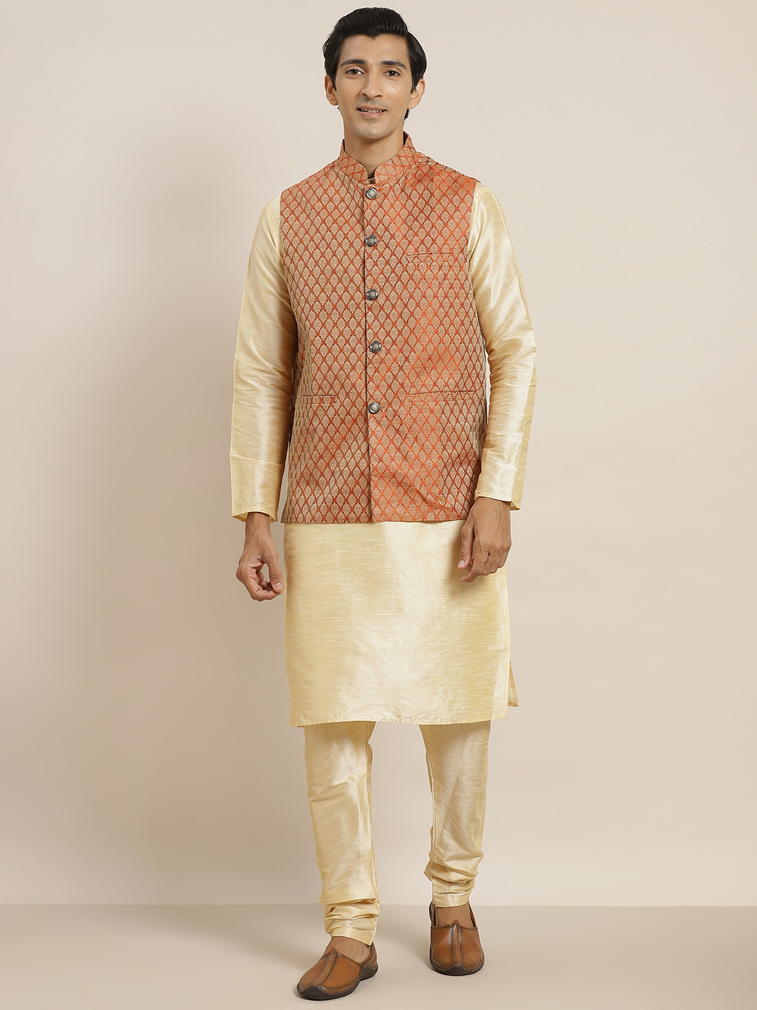SOJANYA Men Golden Kurta with Churidar & Nehru Jacket