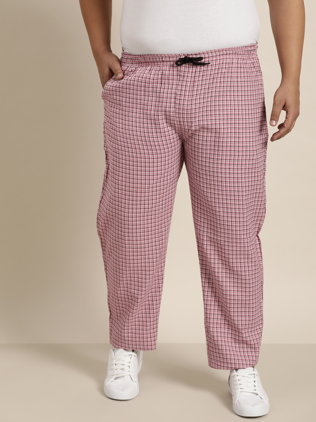 SOJANYA PLUS Men Pink & White Checked Pure Cotton Track Pants