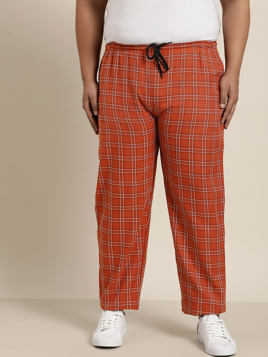 Sojanya PLUS Men Cotton Rust Red & White Checked Running Track Pant
