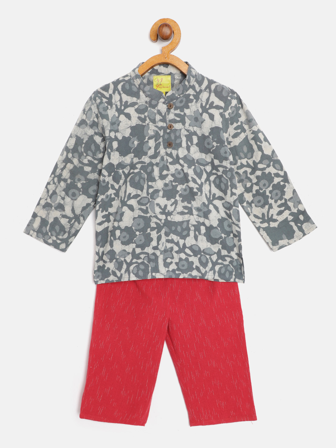 Tiny Bunnies Kids Grey & Maroon Printed Pure Cotton Short Kurta with Trousers