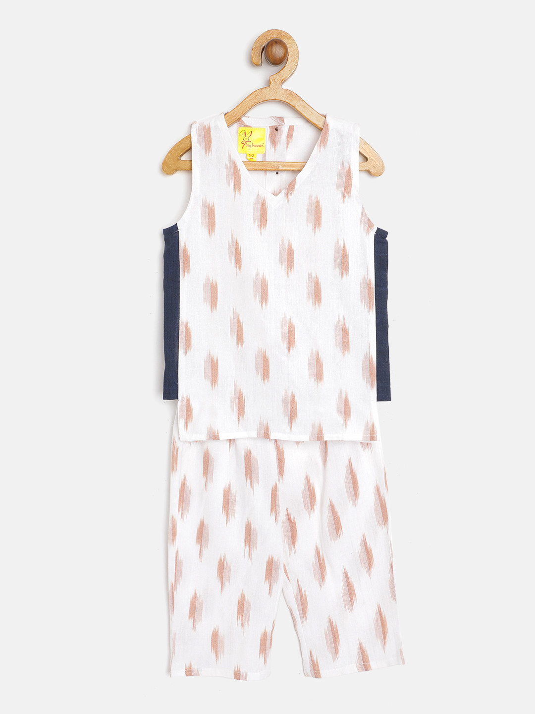 Tiny Bunnies Kids White & Brown Ikat Pattern Cotton Short Kurta with Trousers
