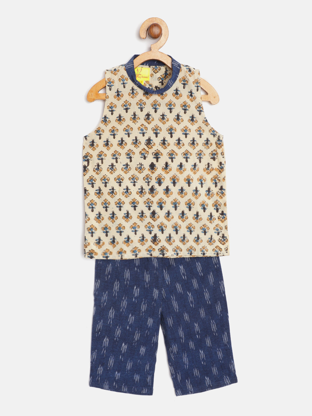 Tiny Bunnies Kids Beige & Blue Printed Short Kurta with Trousers