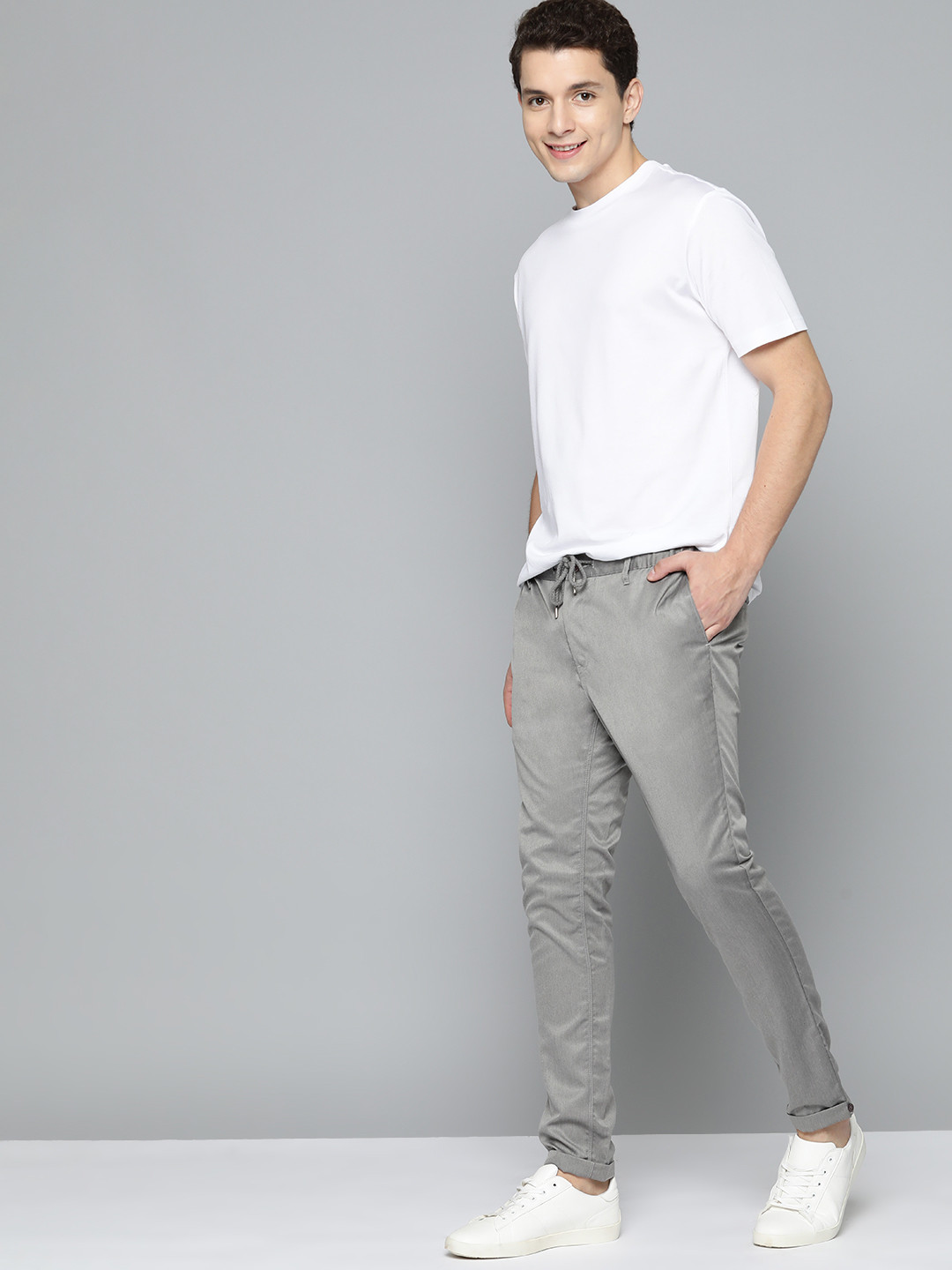 Mast & Harbour Men Grey Solid Casual Trousers