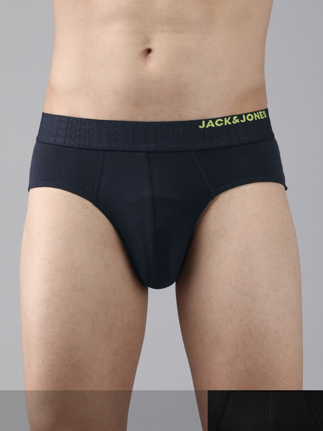 Jack & Jones Men Pack Of 2 Black & Navy Blue Solid Basic Briefs