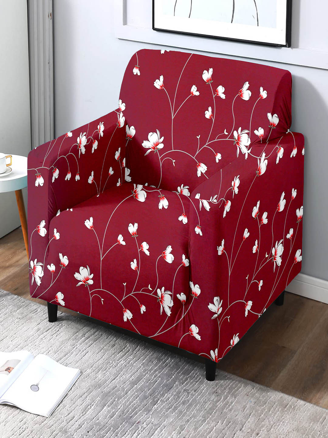Cortina Maroon Printed 1-Seater Stretchable Non-Slip Sofa Slipcover
