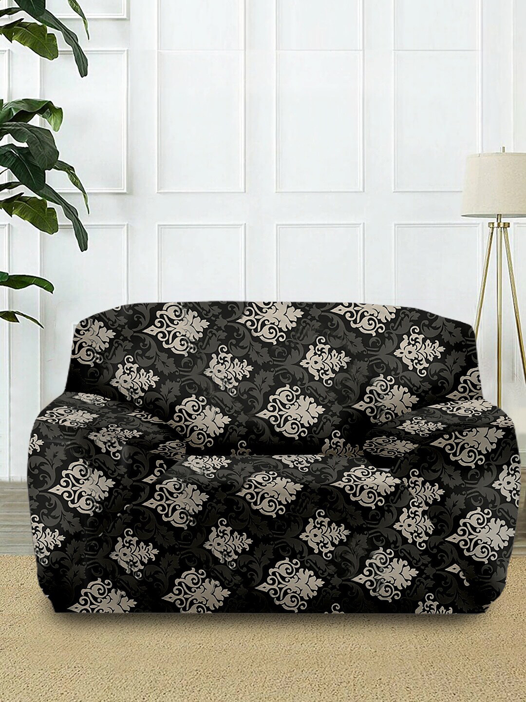 Cortina Black & Beige Printed 1-Seater Super-Stretchable Non-Slip Sofa Slipcover