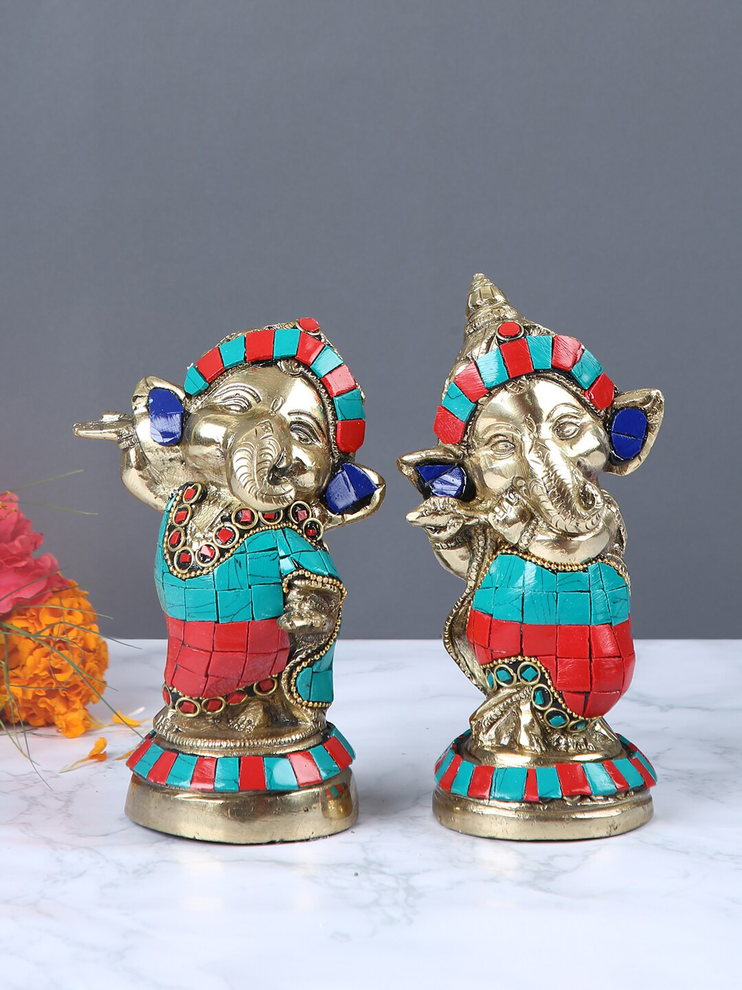 Aapno Rajasthan Lord Ganesh with a Flute Set Gold Brass Metallic Prayer Room Set of 2 Small Showpieces - 5.7 Inches