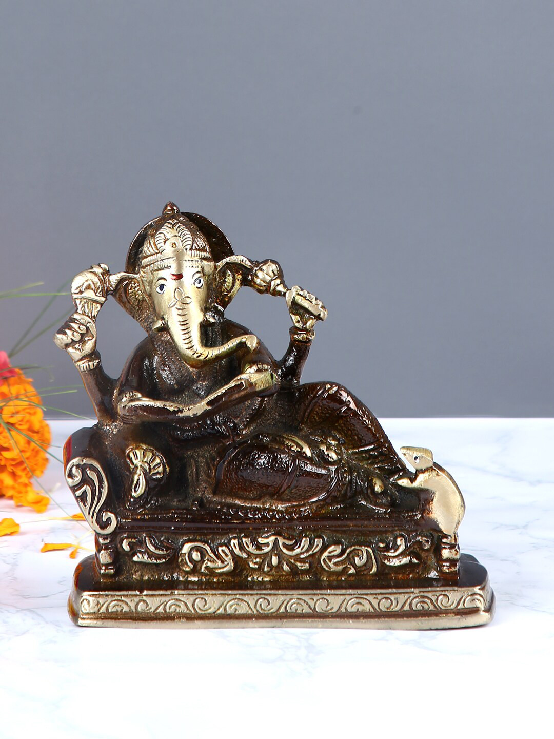 Aapno Rajasthan Lord Ganesha Reading A Book Brown Brass Metallic Prayer Room Small Showpiece - 4.7 Inches