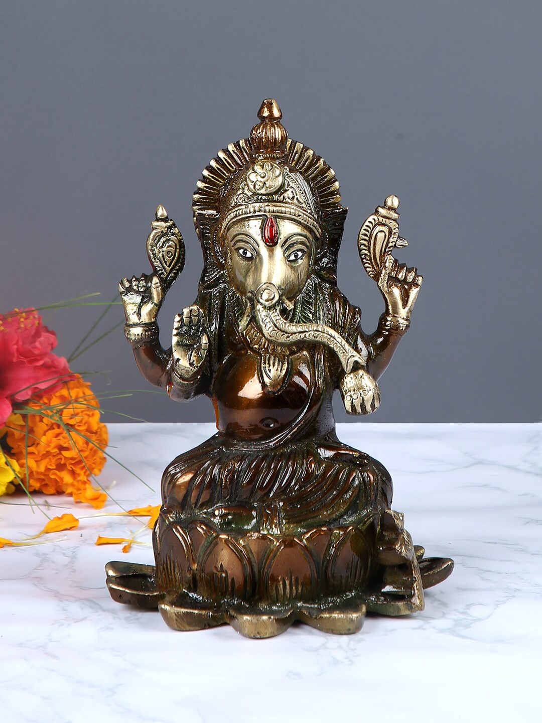 Aapno Rajasthan Lord Ganesha on a Lotus Brown Brass Metallic Prayer Room Small Showpiece - 6.3 Inches