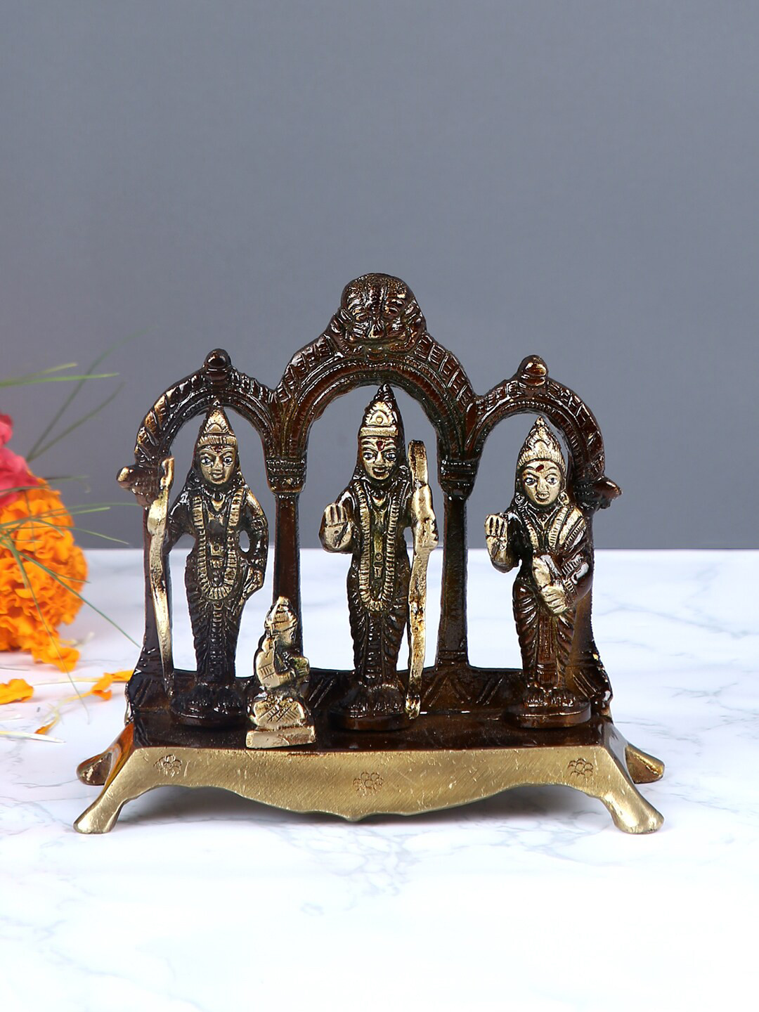 Aapno Rajasthan Ram Darbar Gold Brass Metallic Prayer Room Small Showpiece - 4.9 Inches