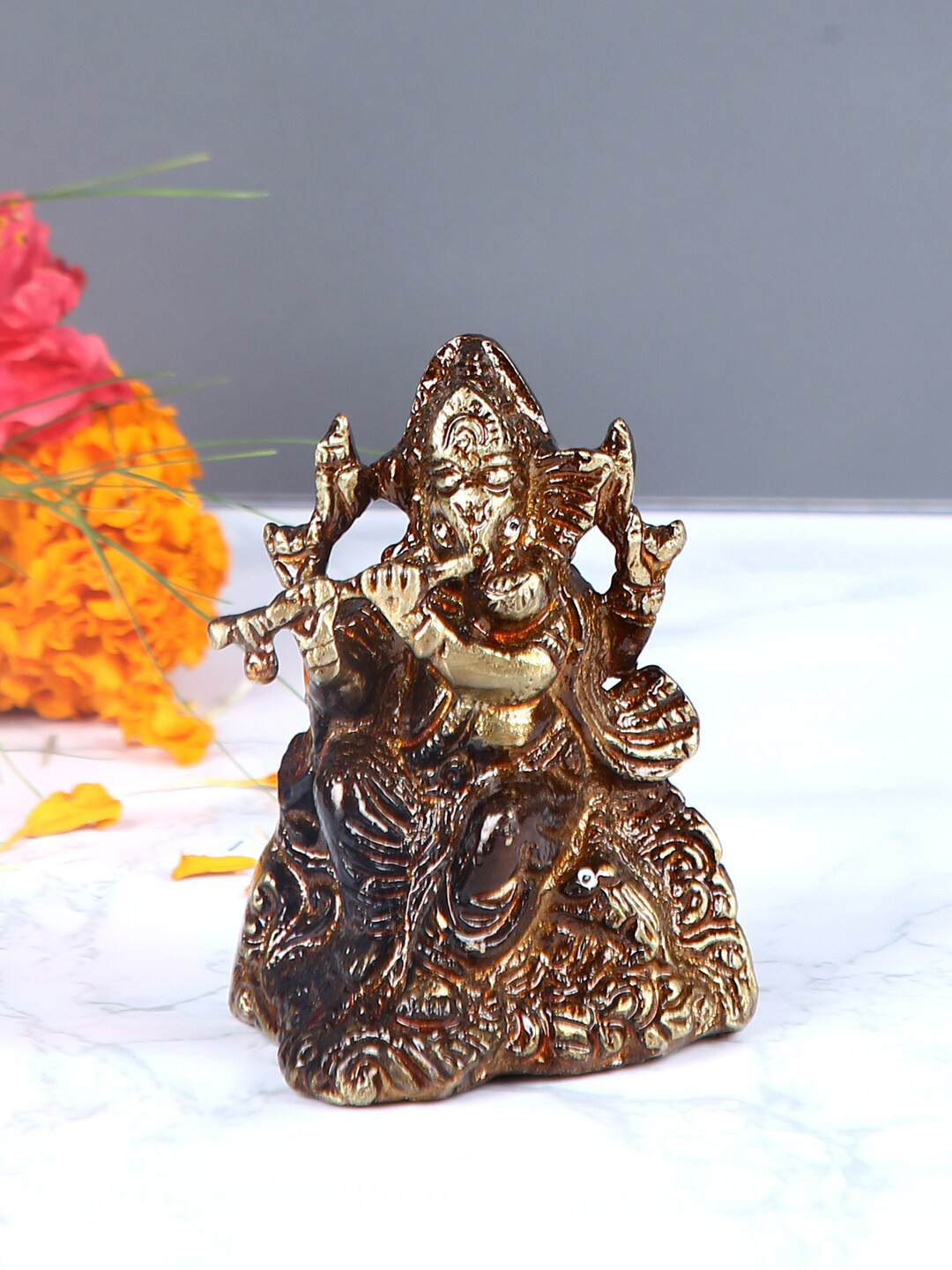Aapno Rajasthan Small Ganesha with a Flute Brown Brass Metallic Prayer Room Small Showpiece - 3.1 Inches