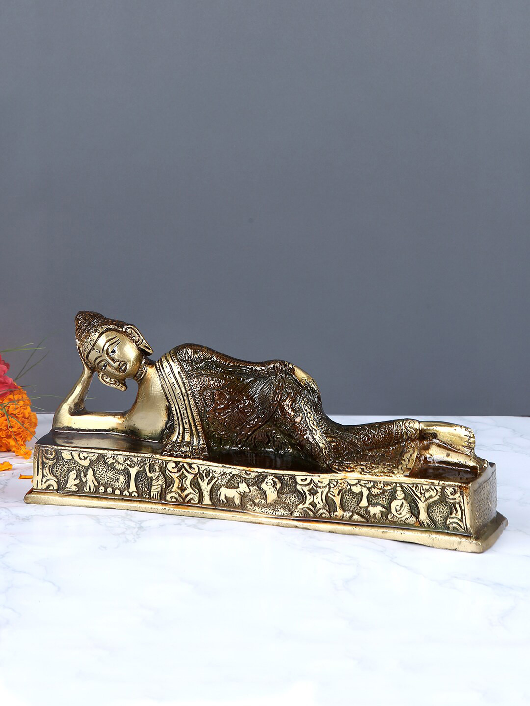 Aapno Rajasthan Buddha Statue Brown Brass Metallic Living Room Small Showpiece - 4.3 Inches