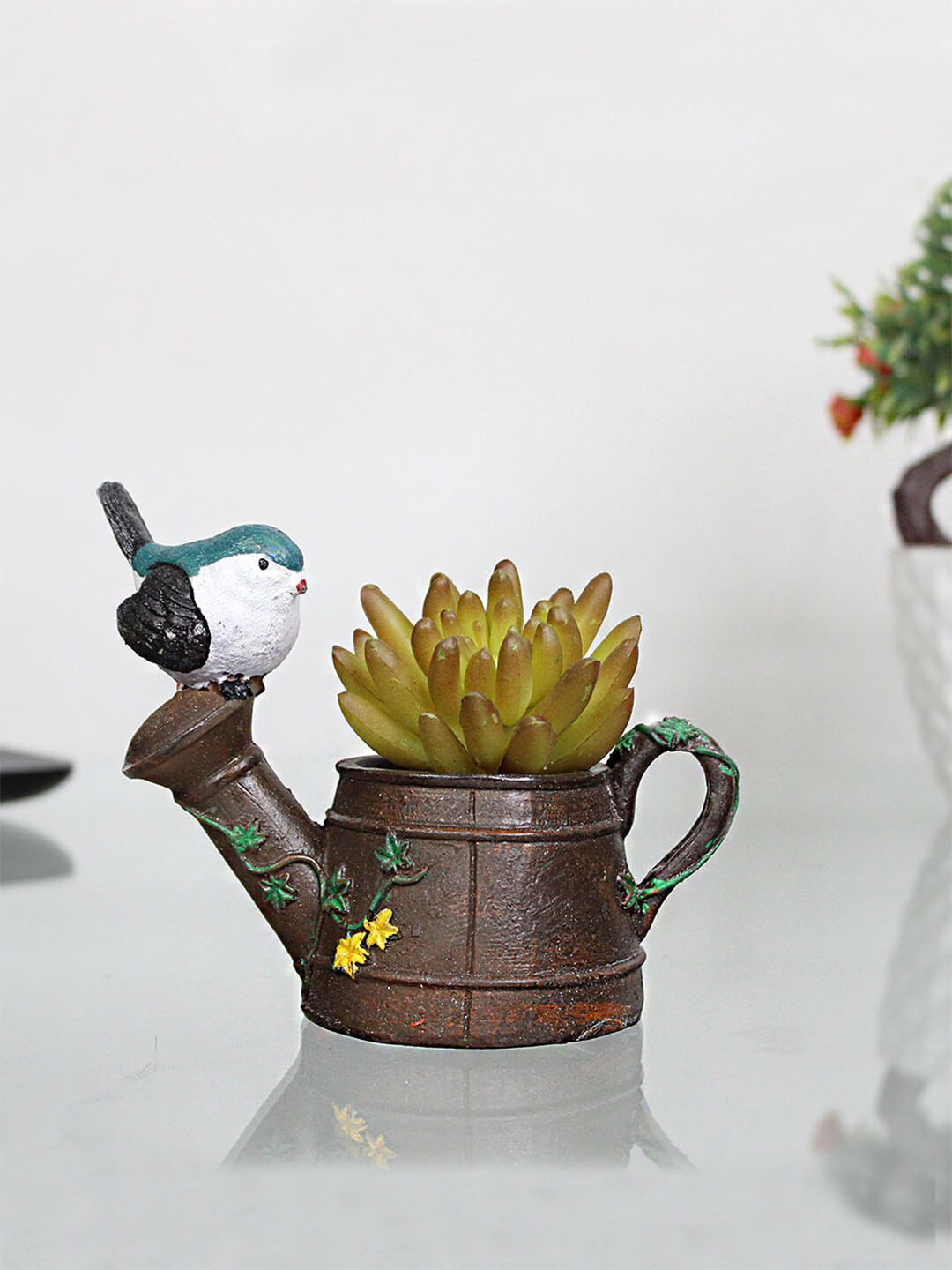 Wonderland Brown & White Bird On Watercan Planter