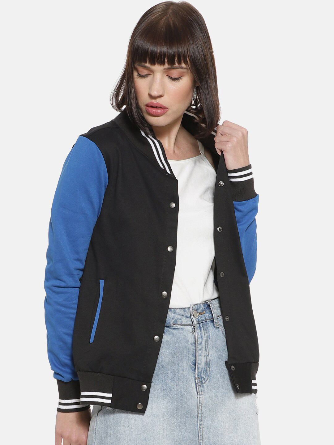 Campus Sutra Women Black And White Colourblocked Bomber Jacket