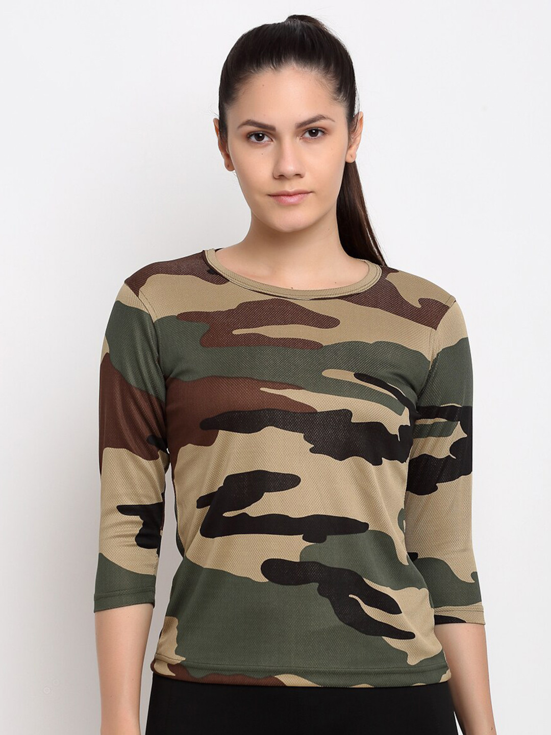 ARMISTO Women Olive Green & Beige Camouflage Printed Dri-FIT Slim Fit Training or Gym T-shirt