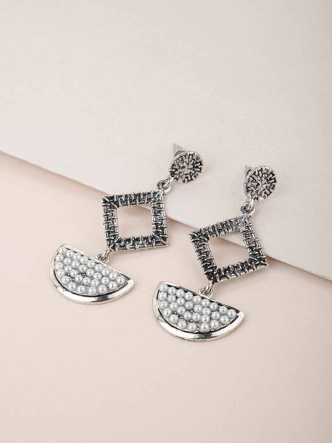 Carlton London Silver-Toned & White Rhodium-Plated Oxidised Beaded Geometric Drop Earrings