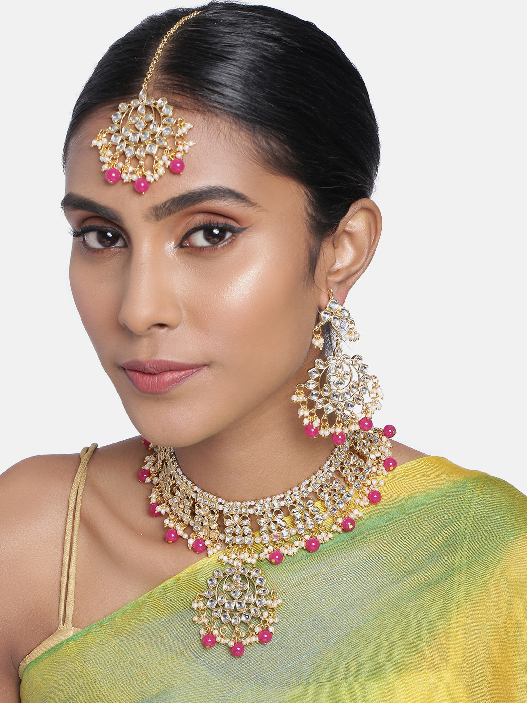 Peora Gold-Plated Magenta Kundan Studded Long Jewellery Set
