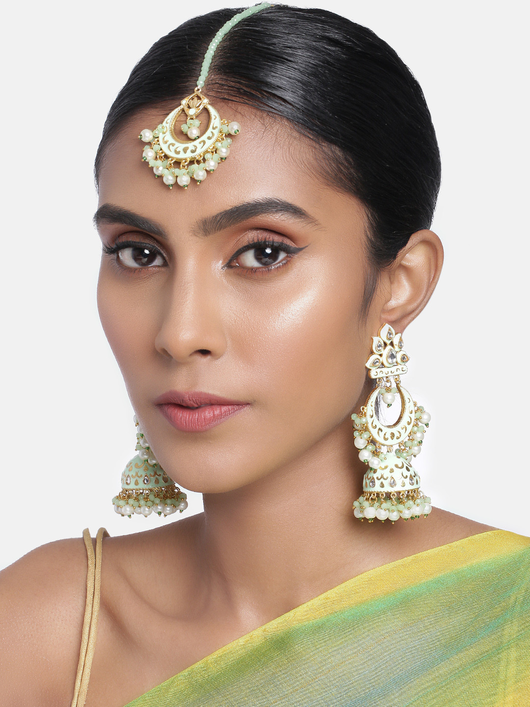 Peora Sea Green & White Gold Plated Pearls Meenakari Jewellery Set