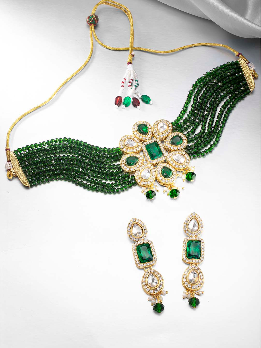 Peora Gold-Plated Green Crystals Beaded Jewellery Set