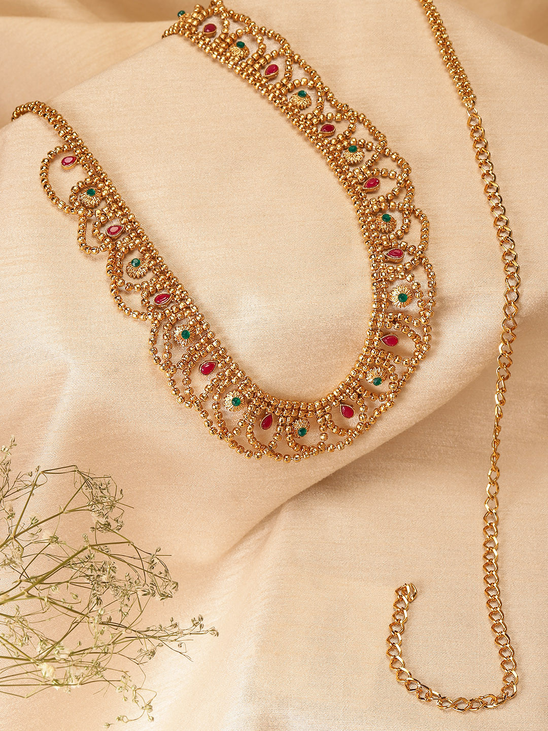 Peora Gold Plated Red & Green Kundan Studded Embellished Kamarbandh