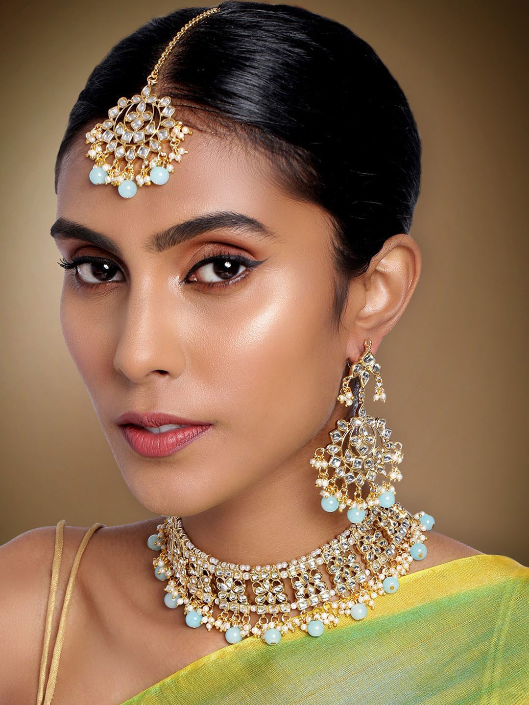 Peora Gold-Plated Turquoise Blue Kundan Studded Jewellery Set