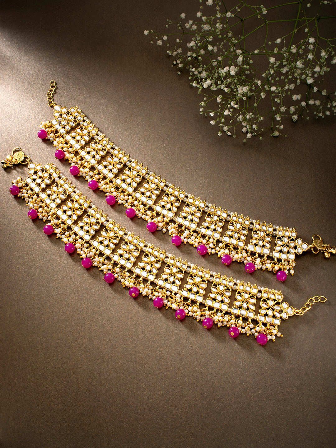 Peora Set of 2 Gold Plated & Magenta Kundan Pearl Anklets