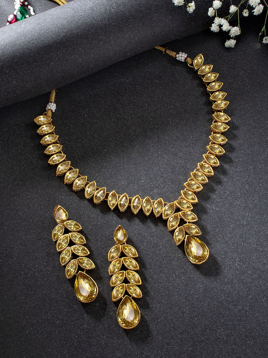 Peora Gold Plated Champagne Crystal Studded Handcrafted Jewellery Set