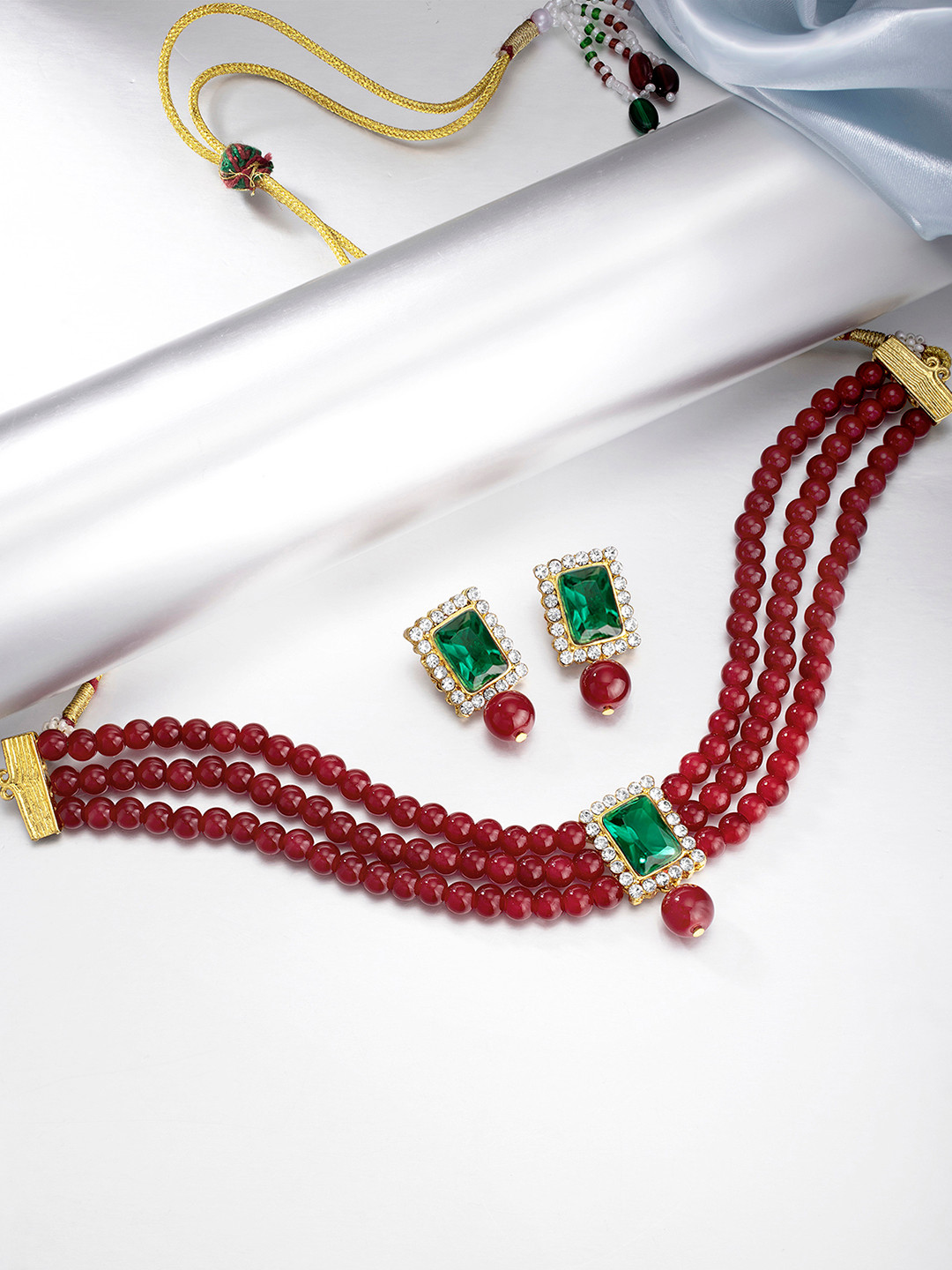 Peora Gold-Plated Maroon Pearl Beaded Jewellery Set
