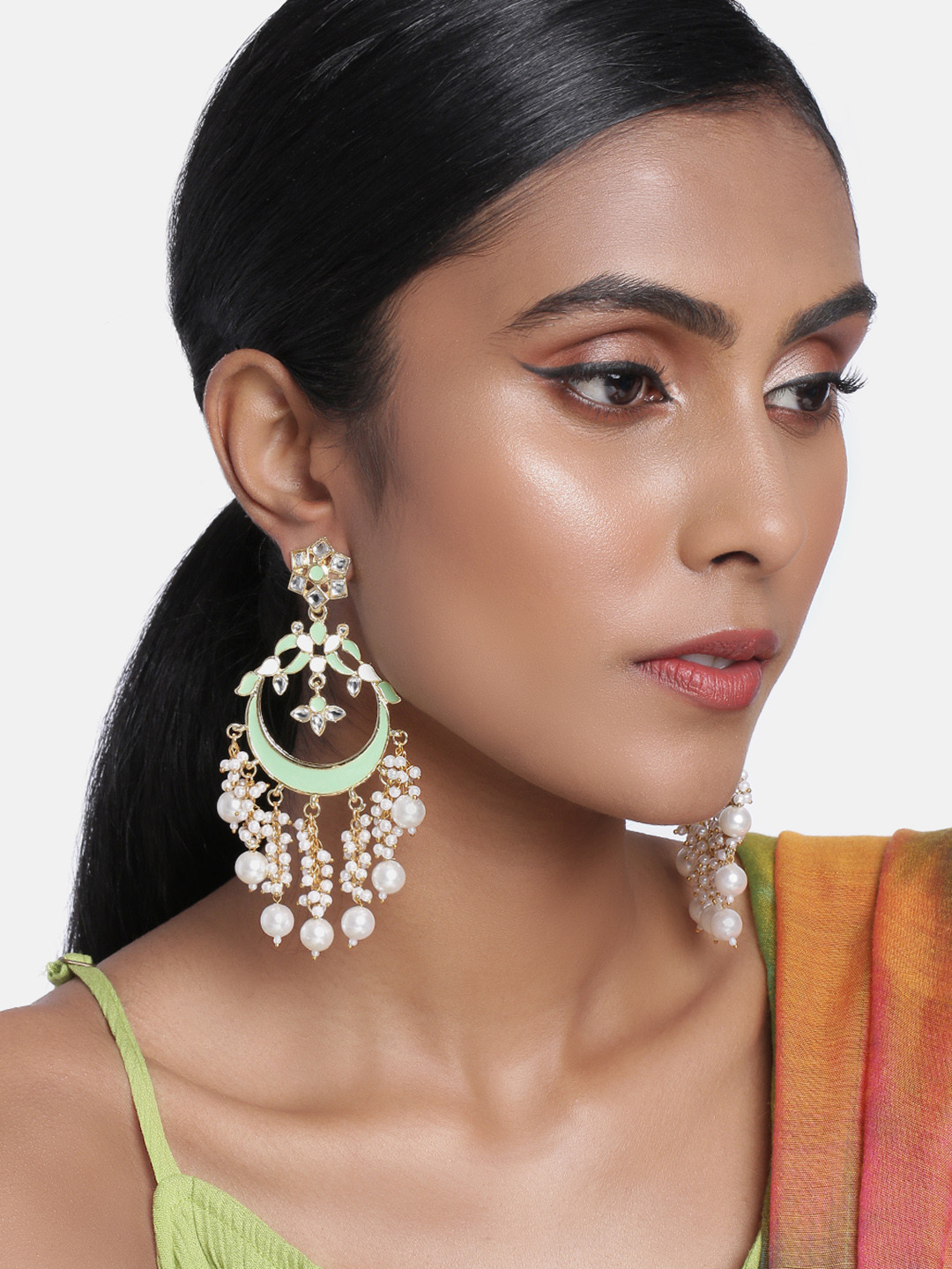 Peora Gold-Toned & Sea Green Crescent Shaped Meenakari Chandbali Earrings