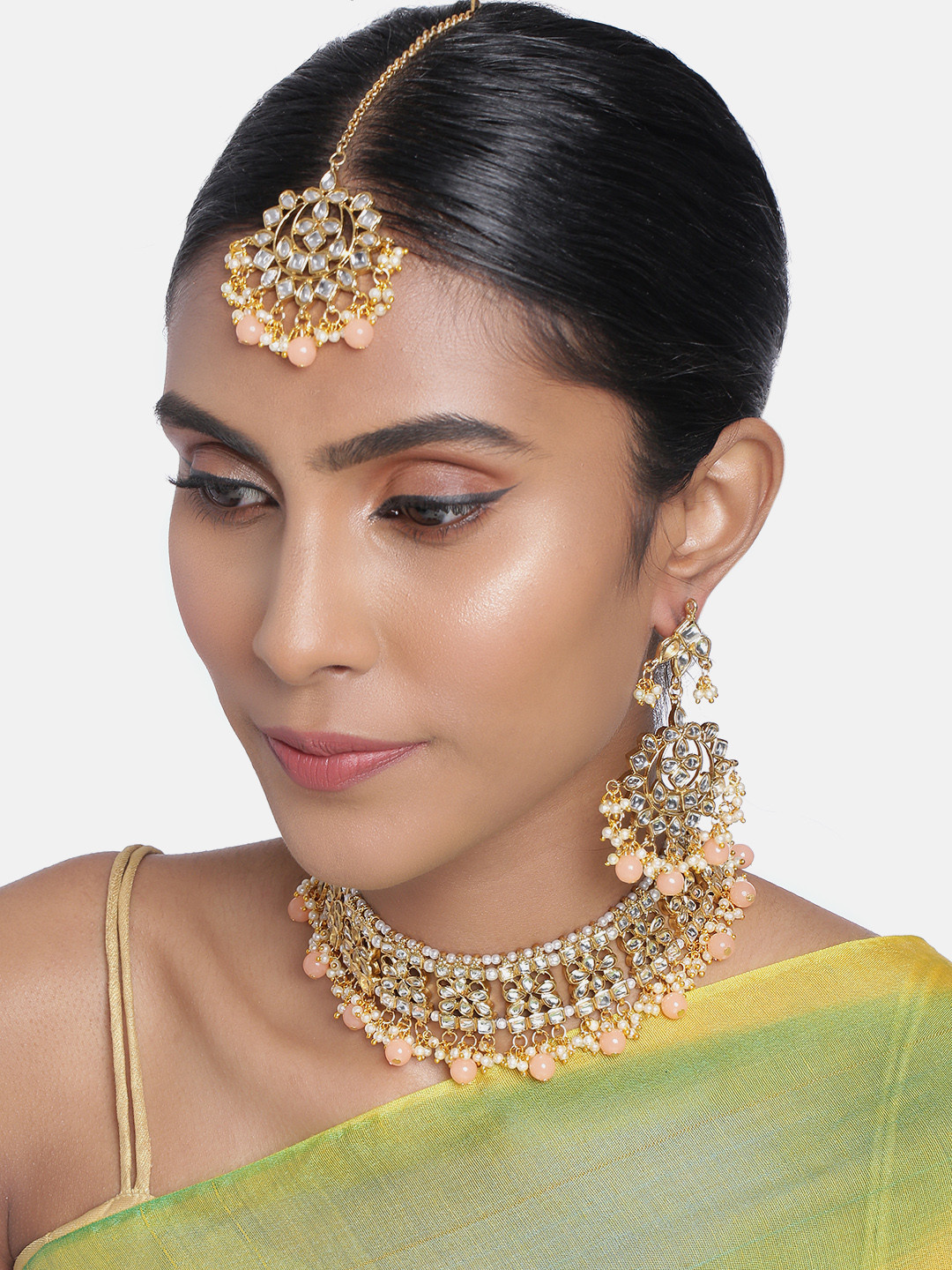 Peora Peach 18K Gold Plated Kundan Studded Handcrafted Enamelled Jewellery Set