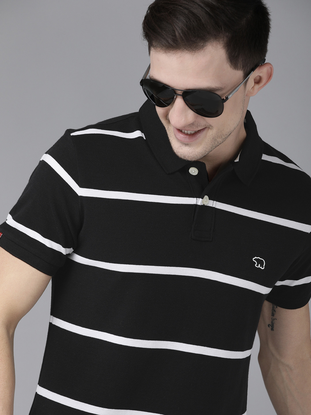 THE BEAR HOUSE Men Black  White Striped Polo Collar Slim Fit Pure Cotton T-shirt