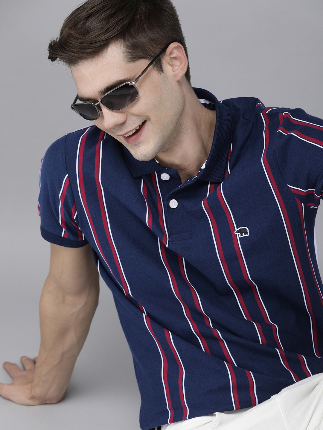 THE BEAR HOUSE Men Blue & Red Yarndyed Polo Collar Slim Fit T-shirt