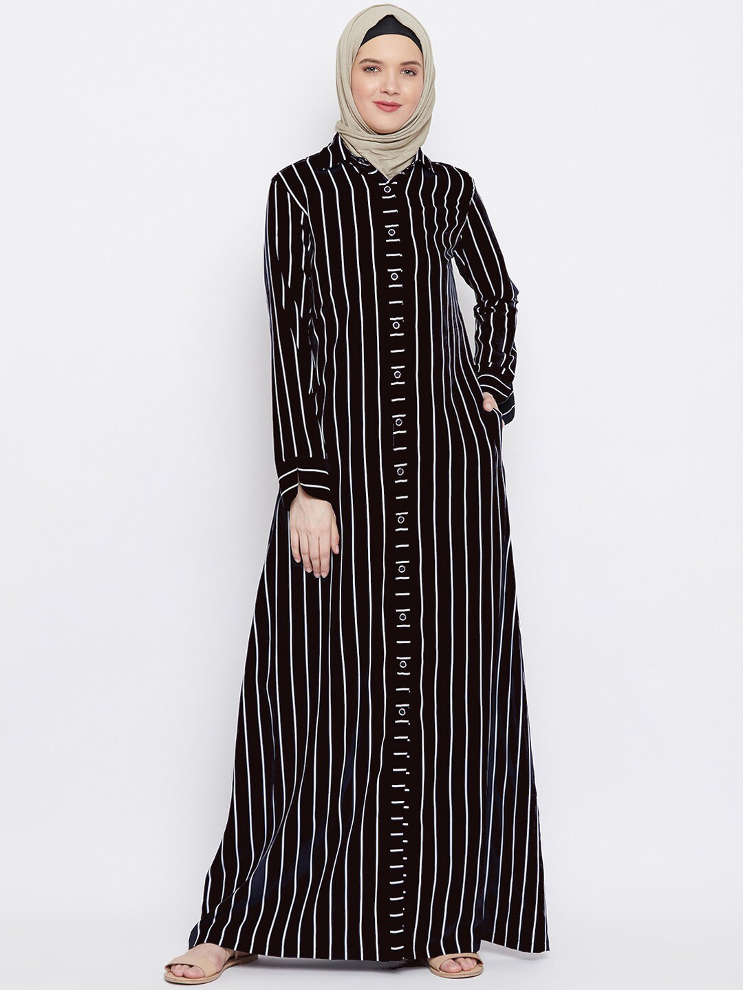 MOMIN LIBAS Women Black & White Striped Front Open Abaya Burqa