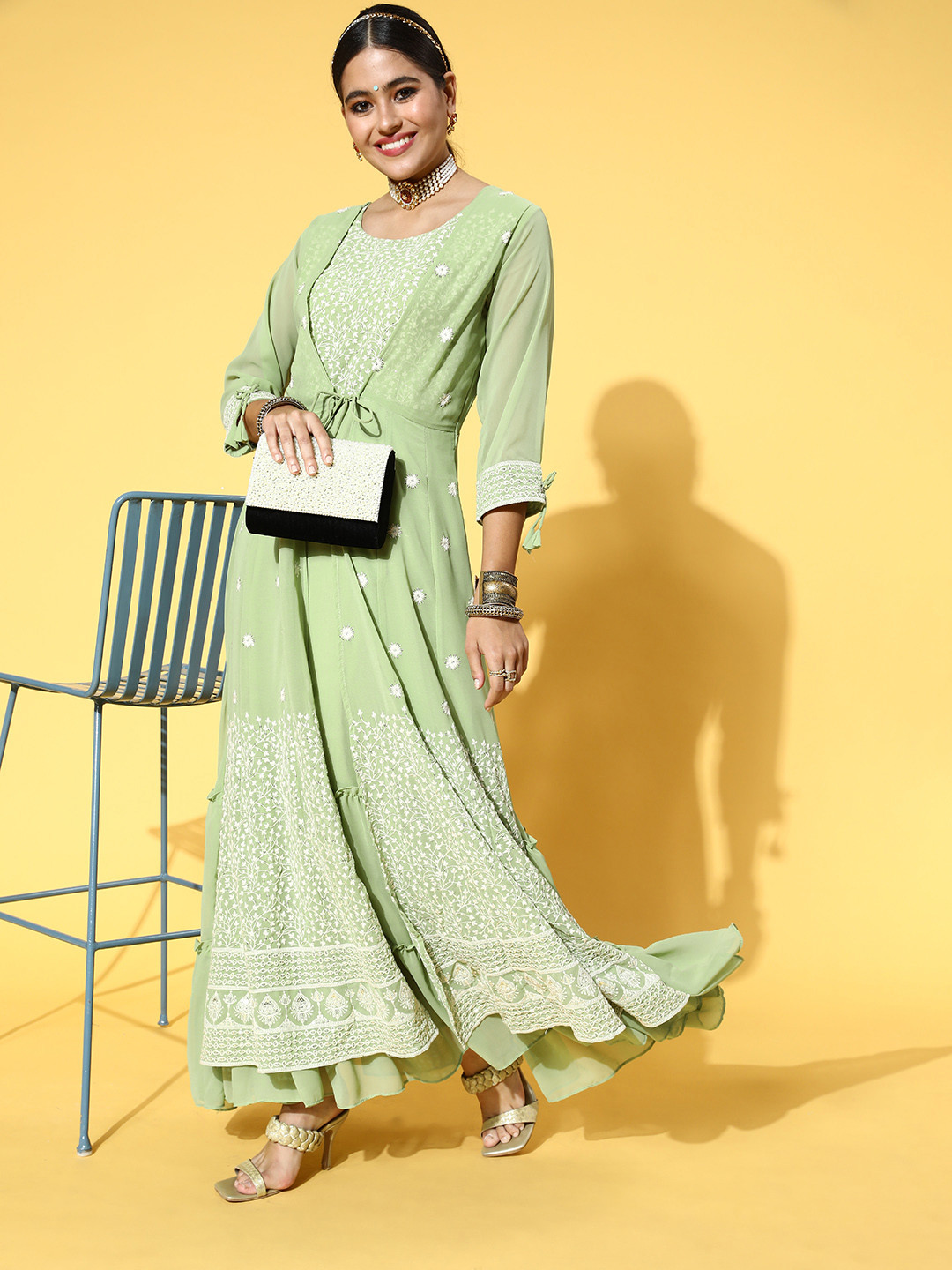 Kvsfab Women Green Georgette Sequins Embroidered Party Wear Gown