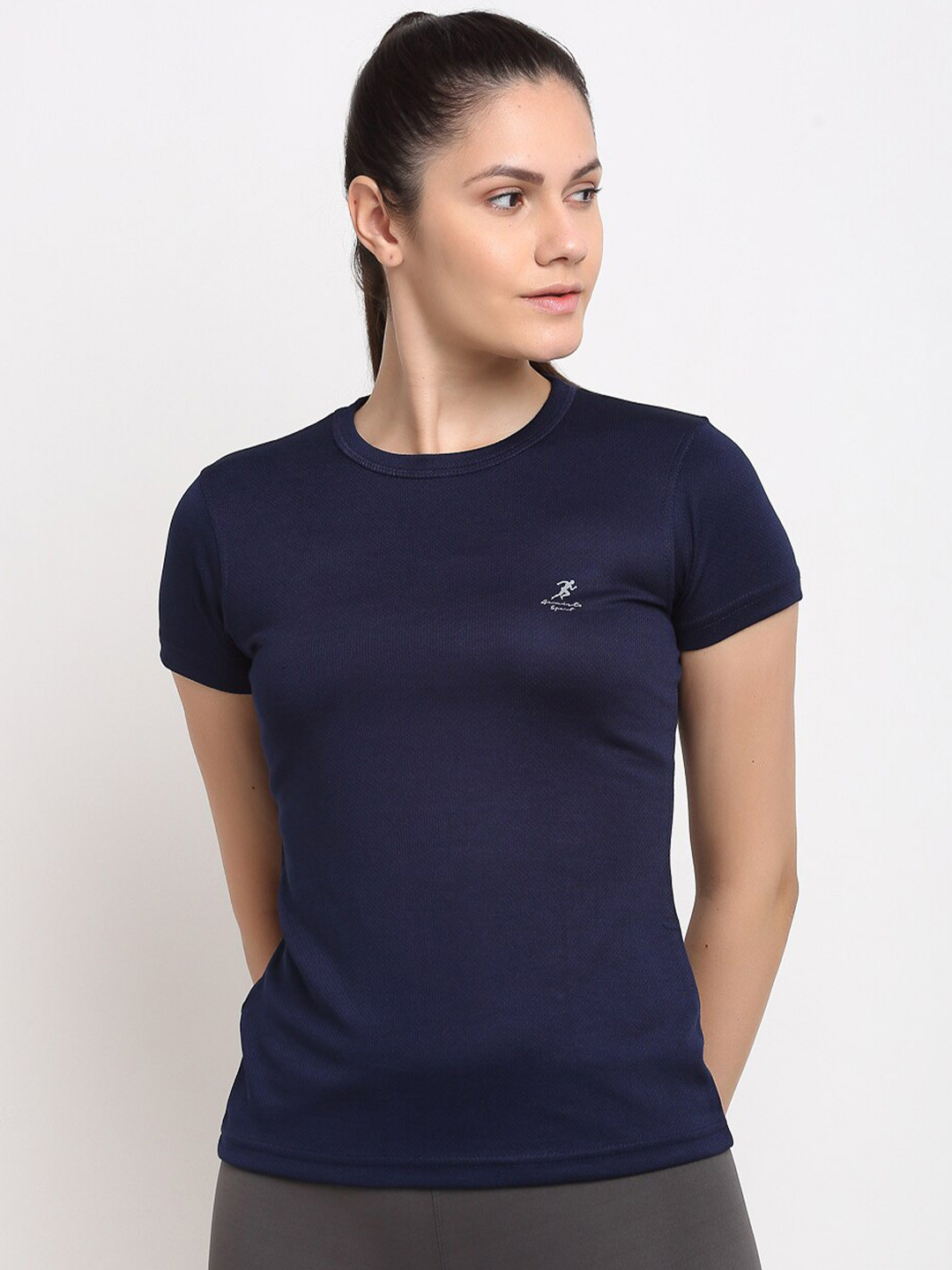 ARMISTO Women Navy Blue Dri-FIT Slim Fit Training or Gym T-shirt